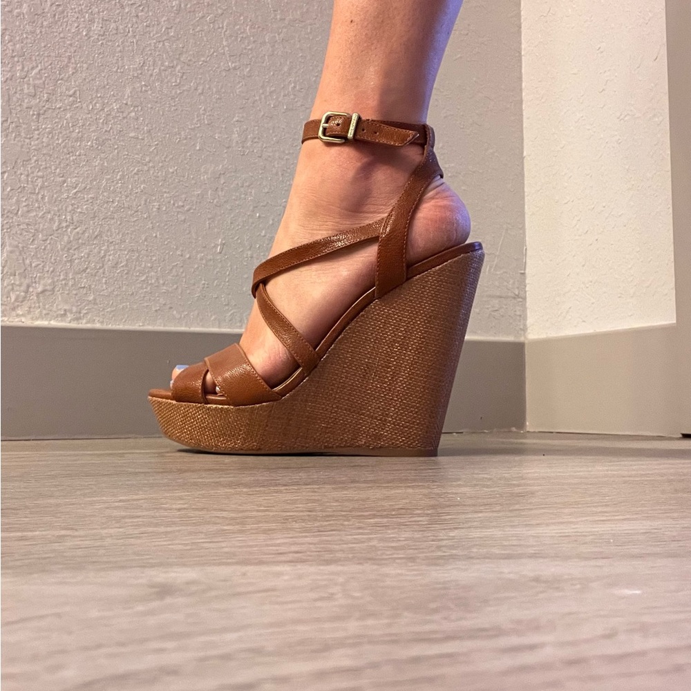 Gianni Bini Brown Leather Wedges with Ankle Strap